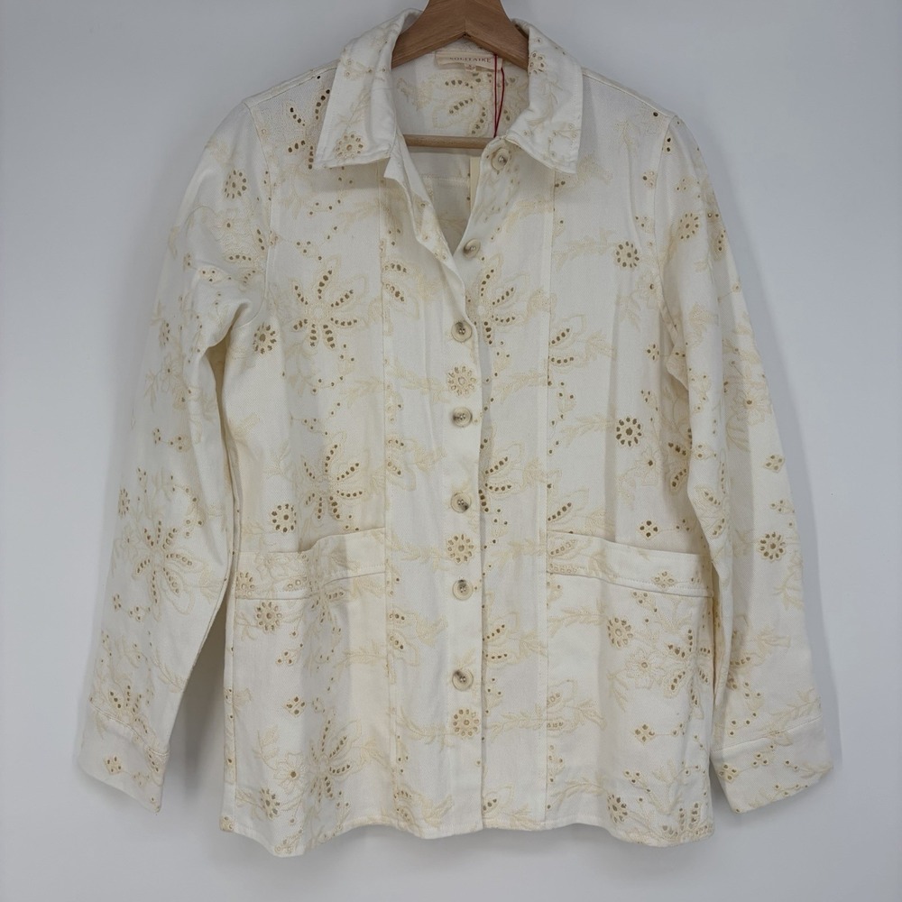 Anthropologie Solitaire Floral Eyelet Jacket S Cream Boho Cottage Ethereal Beach